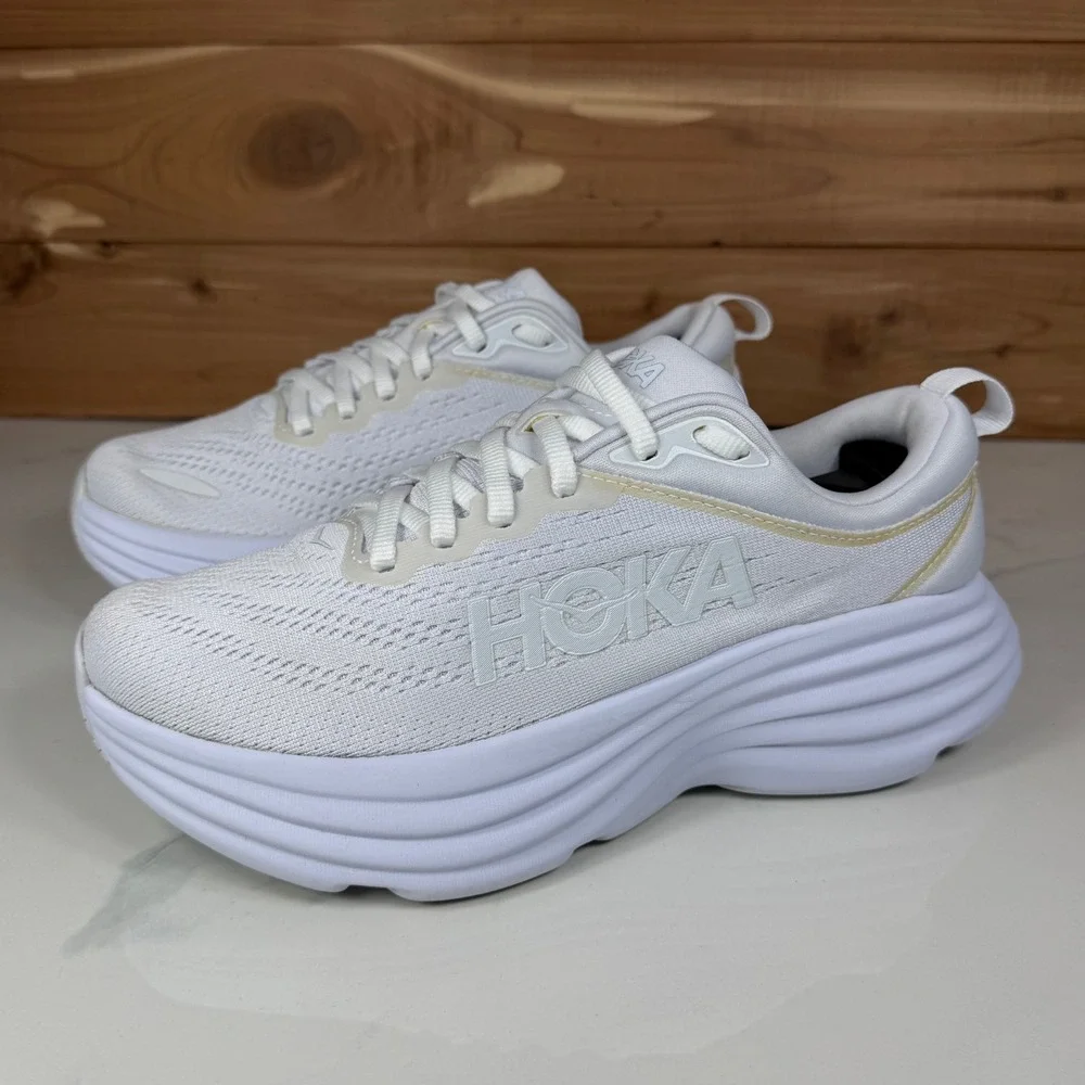 Hoka One One White Athletic Running Shoes with Subtle Gold Trim